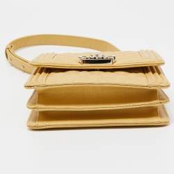 Pre Owned Chanel Gold Quilted Caviar Leather North South Boy Flap Bag