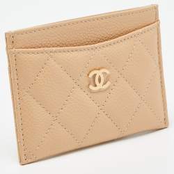 Chanel Beige Quilted Caviar Leather CC Logo Card Holder 
