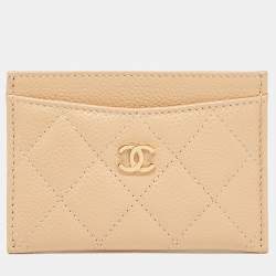 Chanel Beige Quilted Caviar Leather CC Logo Card Holder 