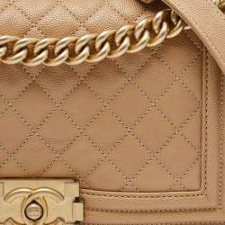 Pre Owned Chanel Beige Quilted Caviar Leather Medium Boy Flap Bag