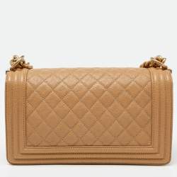 Pre Owned Chanel Beige Quilted Caviar Leather Medium Boy Flap Bag