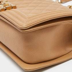 Pre Owned Chanel Beige Quilted Caviar Leather Medium Boy Flap Bag