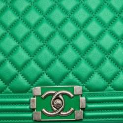 Pre Owned Chanel Metallic Green Quilted Leather New Medium Boy Bag
