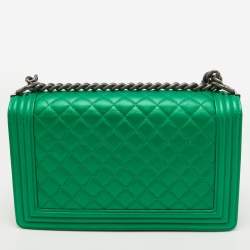 Pre Owned Chanel Metallic Green Quilted Leather New Medium Boy Bag