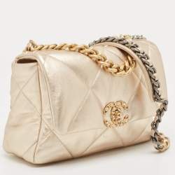 Pre Owned Chanel Metallic Gold Quilted Leather Small 19 Flap Bag