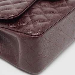 Pre Owned Chanel Burgundy Quilted Caviar Leather Jumbo Classic Double Flap Bag