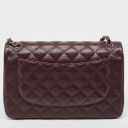 Pre Owned Chanel Burgundy Quilted Caviar Leather Jumbo Classic Double Flap Bag