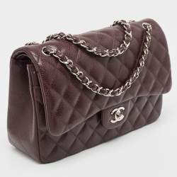 Pre Owned Chanel Burgundy Quilted Caviar Leather Jumbo Classic Double Flap Bag