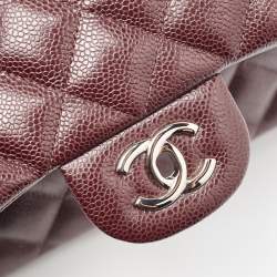 Pre Owned Chanel Burgundy Quilted Caviar Leather Jumbo Classic Double Flap Bag