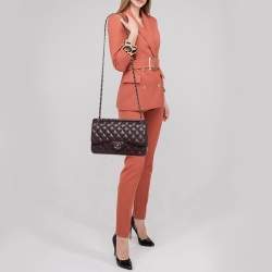 Pre Owned Chanel Burgundy Quilted Caviar Leather Jumbo Classic Double Flap Bag