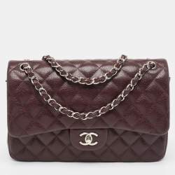 Pre Owned Chanel Burgundy Quilted Caviar Leather Jumbo Classic Double Flap Bag
