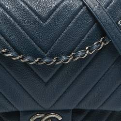 Pre Owned Chanel Blue Chevron Leather XXL Travel Flap Bag 