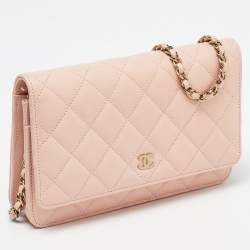 Chanel Peach Quilted Caviar Leather CC Flap Wallet on Chain
