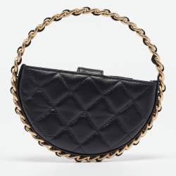Pre Owned Chanel Black Quilted Leather Mini Round Camellia Clutch