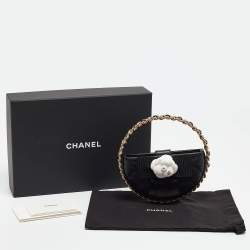 Pre Owned Chanel Black Quilted Leather Mini Round Camellia Clutch