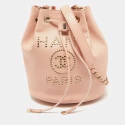 Chanel Peach Leather Logo Studs Deauville Drawstring Bucket Bag