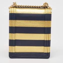 Chanel Navy Blue/Gold Leather Paris-New York North/South Boy Bag