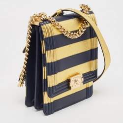 Chanel Navy Blue/Gold Leather Paris-New York North/South Boy Bag