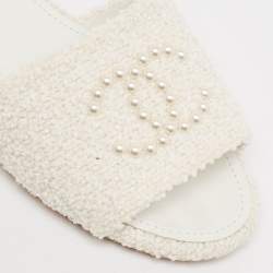 Chanel White Shearling CC Flat Slides Size 38.5