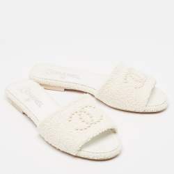 Chanel White Shearling CC Flat Slides Size 38.5