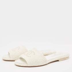 Chanel White Shearling CC Flat Slides Size 38.5