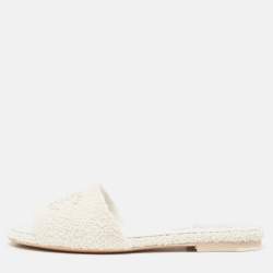 Chanel White Shearling CC Flat Slides Size 38.5