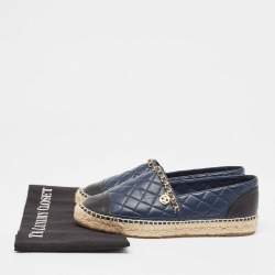 Chanel Navy Blue/Black Quilted Leather CC Chain Detail Espadrille Flats Size 39