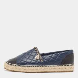 Chanel Navy Blue/Black Quilted Leather CC Chain Detail Espadrille Flats Size 39
