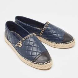 Chanel Navy Blue/Black Quilted Leather CC Chain Detail Espadrille Flats Size 39