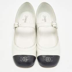 Pre Owned Chanel White/Black Leather CC Mary Jane Flats Size 36