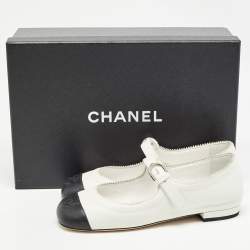 Pre Owned Chanel White/Black Leather CC Mary Jane Flats Size 36