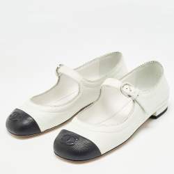 Pre Owned Chanel White/Black Leather CC Mary Jane Flats Size 36