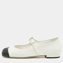Pre Owned Chanel White/Black Leather CC Mary Jane Flats Size 36