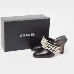 Chanel Black Leather Pearl Embellished Mules Size 38