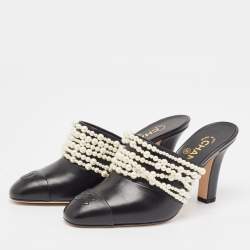 Chanel Black Leather Pearl Embellished Mules Size 38