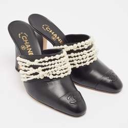 Chanel Black Leather Pearl Embellished Mules Size 38