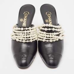 Chanel Black Leather Pearl Embellished Mules Size 38