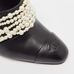 Chanel Black Leather Pearl Embellished Mules Size 38