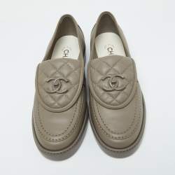 Chanel Grey Quilted Leather CC Turnlock Loafers Size 37.5
