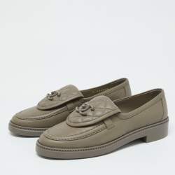Chanel Grey Quilted Leather CC Turnlock Loafers Size 37.5