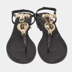 Chanel Black Leather CC Ankle Strap Sandals Size 36