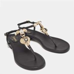 Chanel Black Leather CC Ankle Strap Sandals Size 36