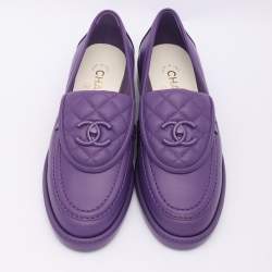 Chanel Purple Quilted Leather CC Turnlock Loafers Size 37.5