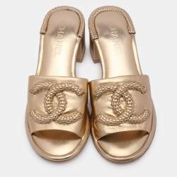 Chanel Gold Leather Woven CC Slide Sandals Size 38