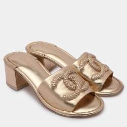 Chanel Gold Leather Woven CC Slide Sandals Size 38