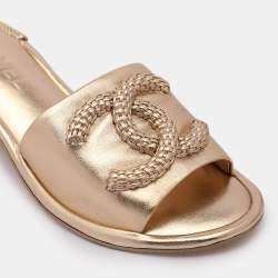 Chanel Gold Leather Woven CC Slide Sandals Size 38