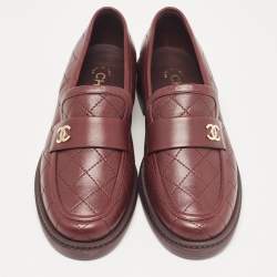 Pre Owned Chanel Burgundy Leather CC Loafers Size 36.5