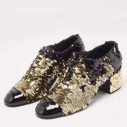 Chanel Gold/Black Sequins and Patent Leather CC Cap Toe Oxfords Size 38