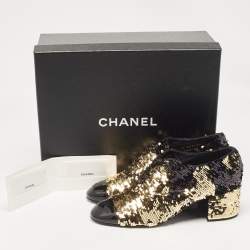 Chanel Gold/Black Sequins and Patent Leather CC Cap Toe Oxfords Size 38