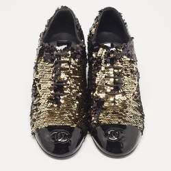 Chanel Gold/Black Sequins and Patent Leather CC Cap Toe Oxfords Size 38